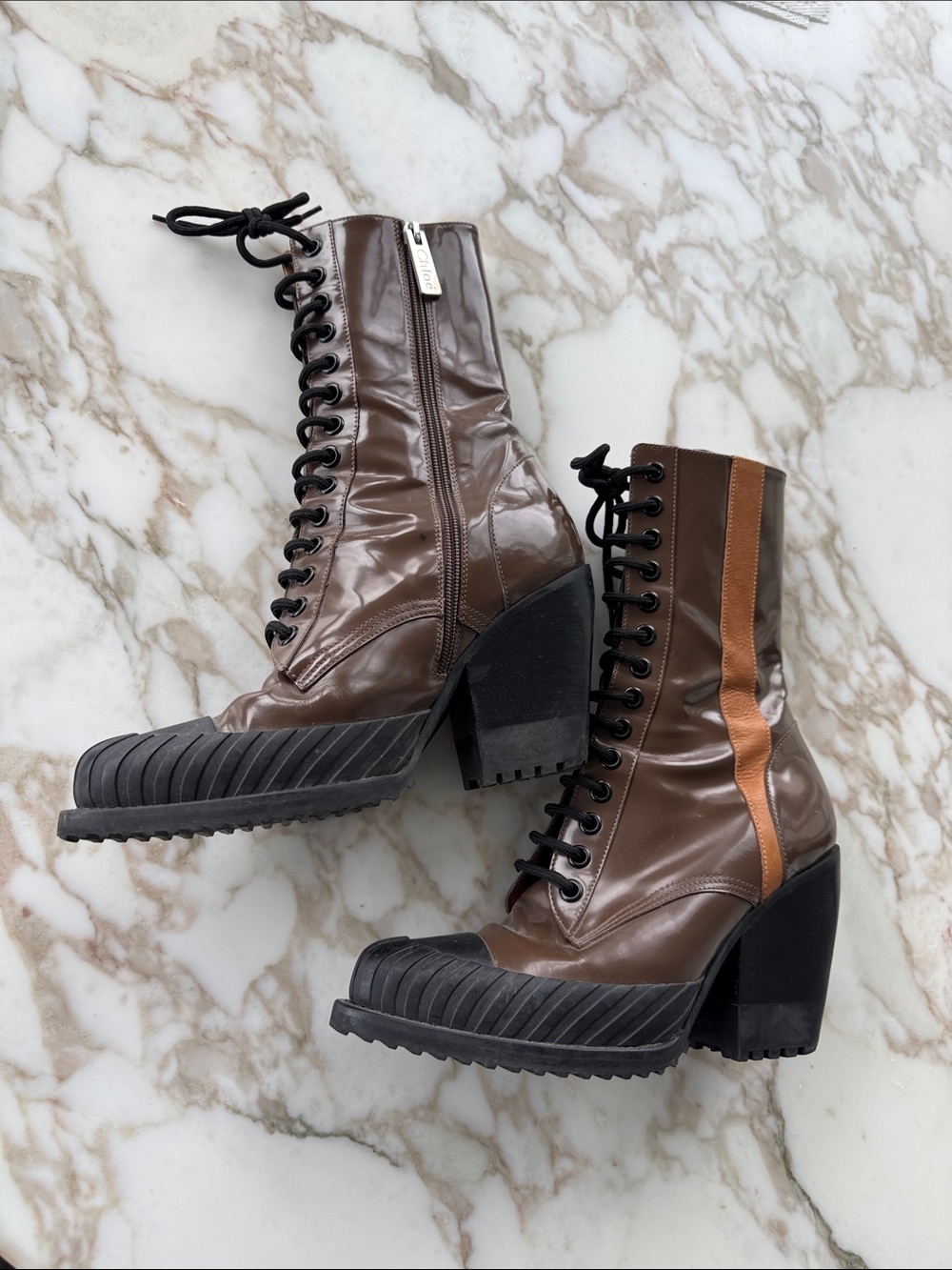 Chloe Brown Lace-Up Chunky Heel Boots with Tan Stripe